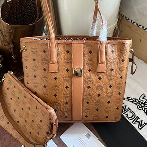 MCM Cognac Monogram Tote and Pouch Set